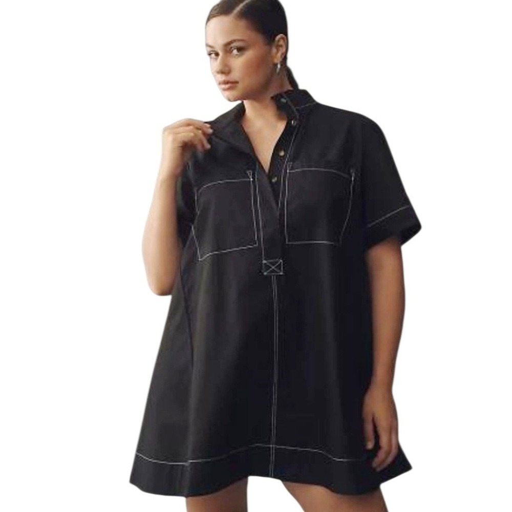 Christian Lacroix Contrast Stitch A-Line Mini Dress Sz S Black Mock Neck Buttons